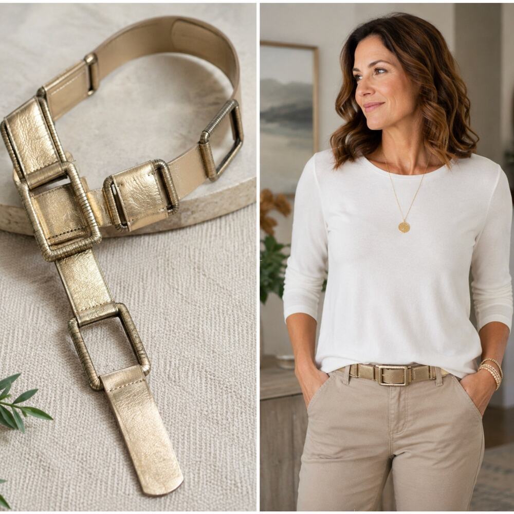 Chico’s Mirada Rectangle Stretch Trouser Belt Metallic Gold Neutral NWT Size S